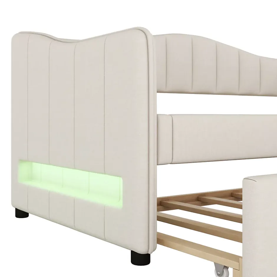Okwish Lit gigogne 90x200 cm - Lit simple avec lit tiroir et sommier à lattes - Lin + MDF - Sans matelas - Beige Outlet