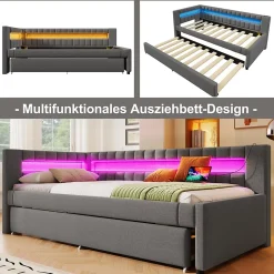 Okwish Lit Gigogne 90x200 cm - Lit Simple avec Sommier Coulissant, Éclairage LED et Ports USB Type-C, Lin et MDF, sans Matelas, Gris Best