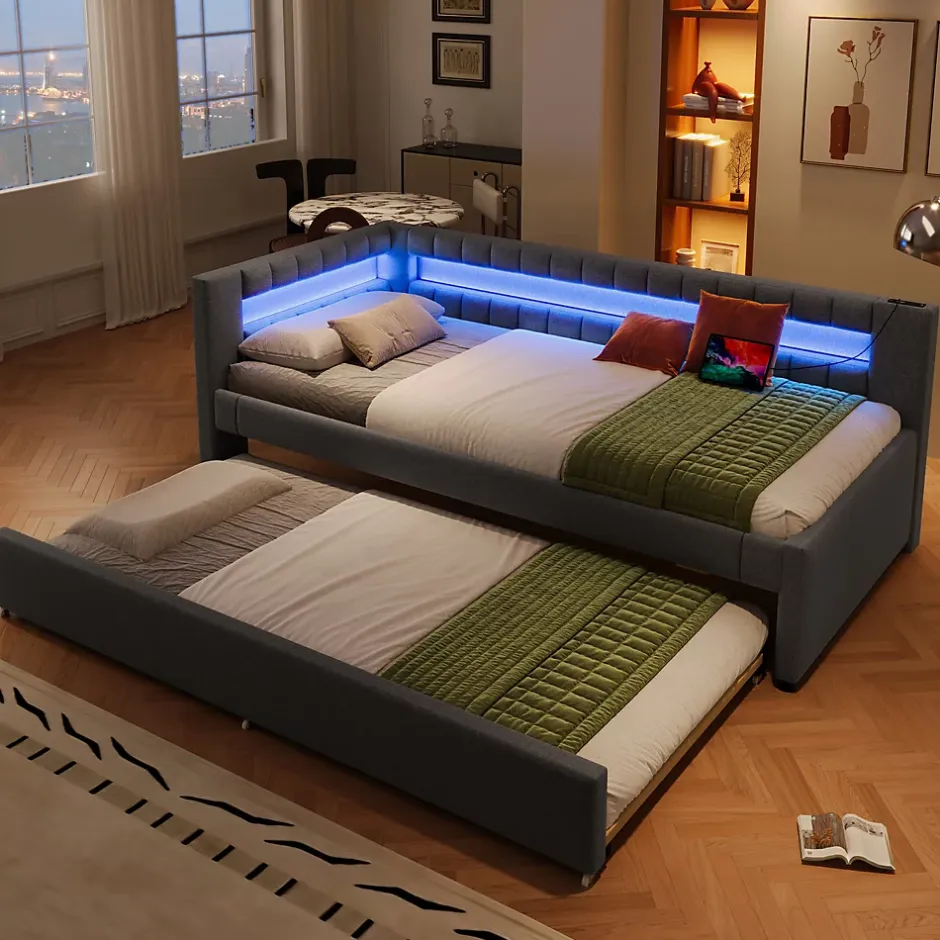 Okwish Lit Gigogne 90x200 cm - Lit Simple avec Sommier Coulissant, Éclairage LED et Ports USB Type-C, Lin et MDF, sans Matelas, Gris Best