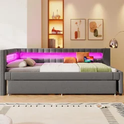 Okwish Lit Gigogne 90x200 cm - Lit Simple avec Sommier Coulissant, Éclairage LED et Ports USB Type-C, Lin et MDF, sans Matelas, Gris Best
