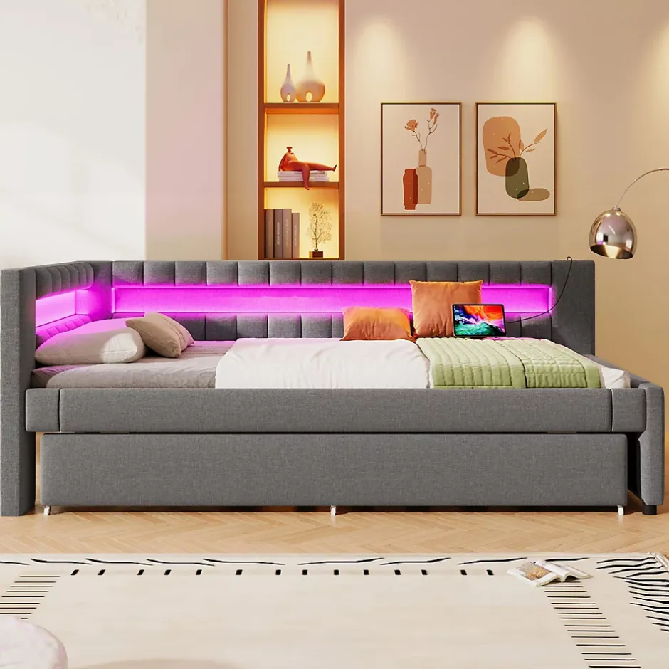 Okwish Lit Gigogne 90x200 cm - Lit Simple avec Sommier Coulissant, Éclairage LED et Ports USB Type-C, Lin et MDF, sans Matelas, Gris Best
