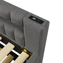 Okwish Lit Gigogne 90x200 cm - Lit Simple avec Sommier Coulissant, Éclairage LED et Ports USB Type-C, Lin et MDF, sans Matelas, Gris Best