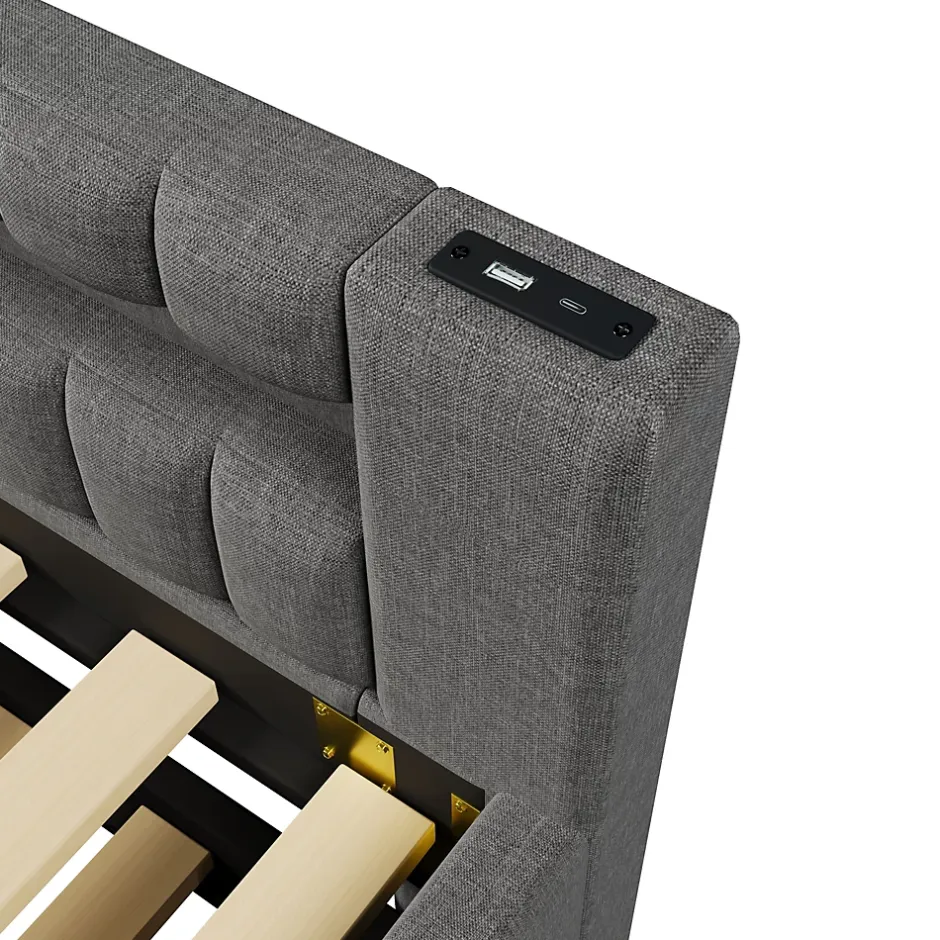 Okwish Lit Gigogne 90x200 cm - Lit Simple avec Sommier Coulissant, Éclairage LED et Ports USB Type-C, Lin et MDF, sans Matelas, Gris Best