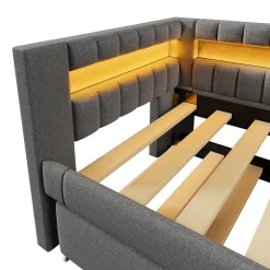 Okwish Lit Gigogne 90x200 cm - Lit Simple avec Sommier Coulissant, Éclairage LED et Ports USB Type-C, Lin et MDF, sans Matelas, Gris Best