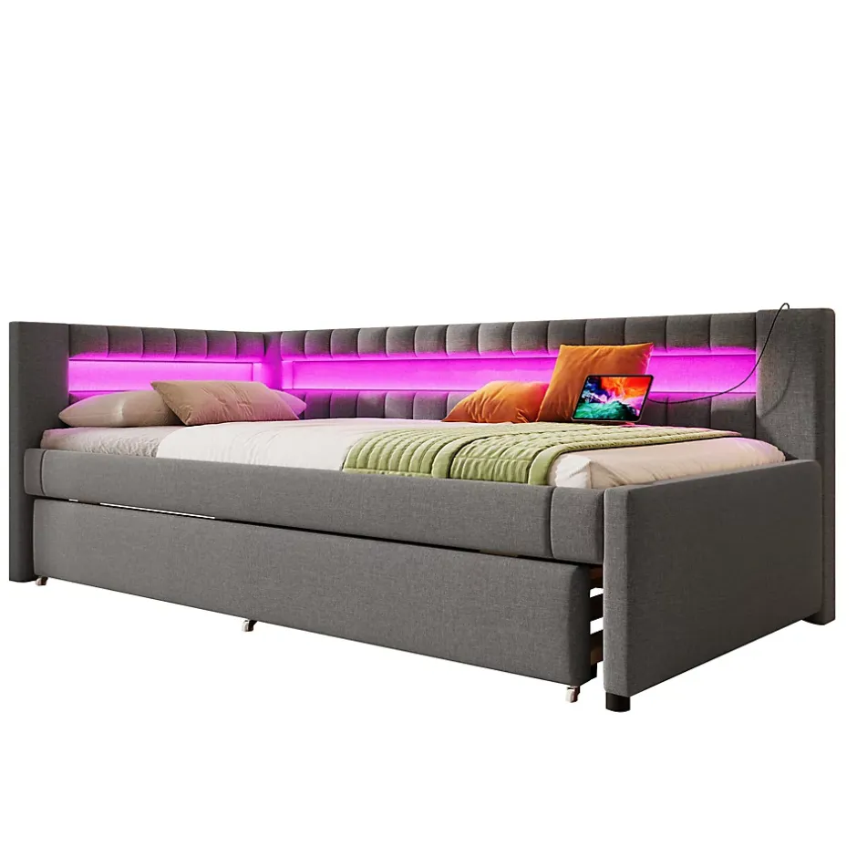 Okwish Lit Gigogne 90x200 cm - Lit Simple avec Sommier Coulissant, Éclairage LED et Ports USB Type-C, Lin et MDF, sans Matelas, Gris Best