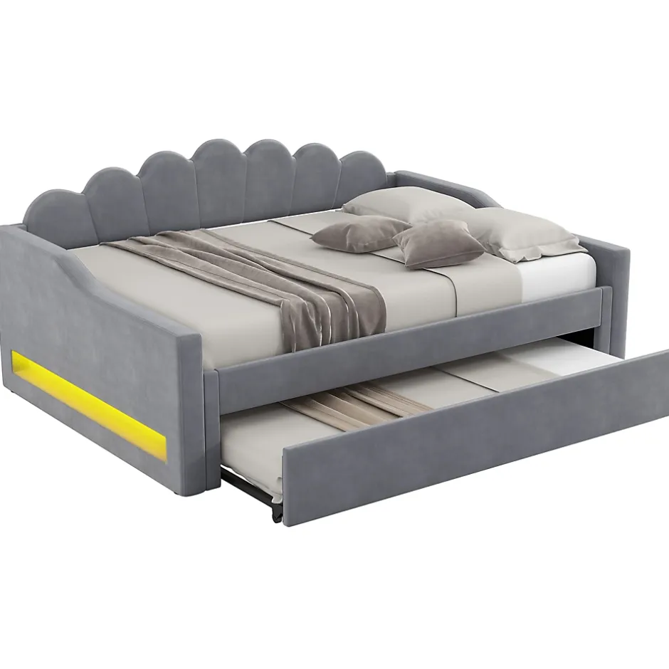 Okwish Lit gigogne 140x200 cm - Lit simple avec lit d'appoint extensible - MDF et Lin - Sans matelas - Gris Hot