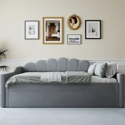 Okwish Lit gigogne 140x200 cm - Lit simple avec lit d'appoint extensible - MDF et Lin - Sans matelas - Gris Hot
