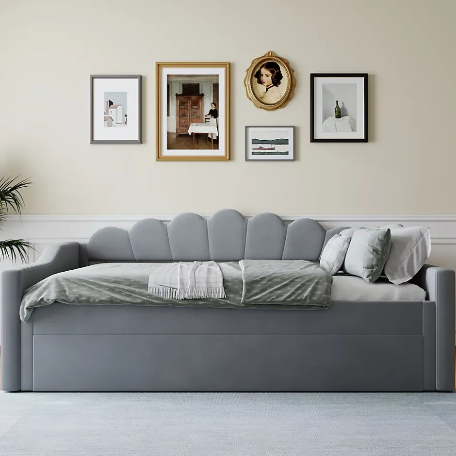 Okwish Lit gigogne 140x200 cm - Lit simple avec lit d'appoint extensible - MDF et Lin - Sans matelas - Gris Hot