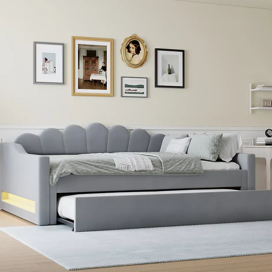 Okwish Lit gigogne 140x200 cm - Lit simple avec lit d'appoint extensible - MDF et Lin - Sans matelas - Gris Hot