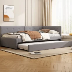 Okwish Lit Gigogne 90x200 cm - Lit Simple 1 Place avec Couchage Secondaire, sans Matelas, en Velours, Gris