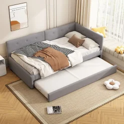 Okwish Lit Gigogne 90x200 cm - Lit Simple 1 Place avec Couchage Secondaire, sans Matelas, en Velours, Gris