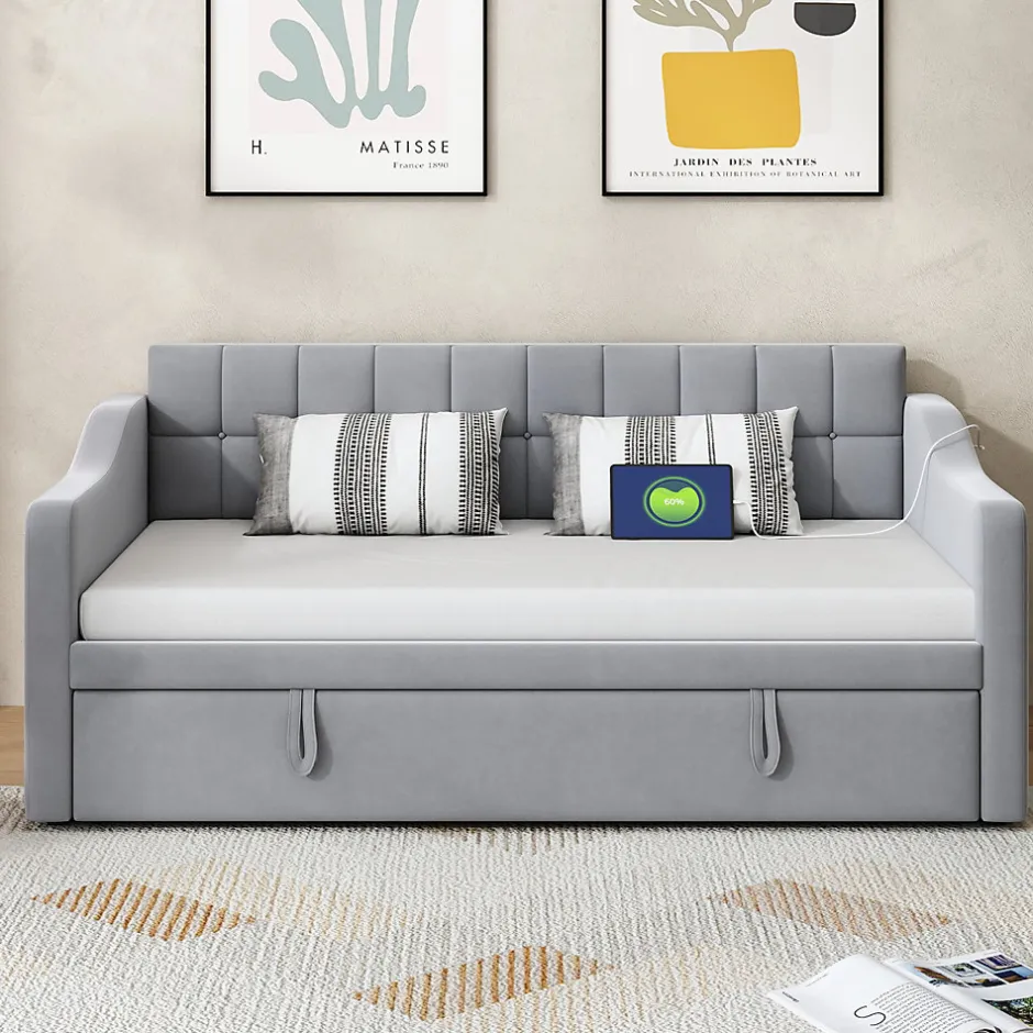 Okwish Lit Gigogne 90/180x190 cm - Lit Simple avec Lit Tiroir, Ports USB et Poche de Rangement, Sans Matelas - Velours Gris Clair