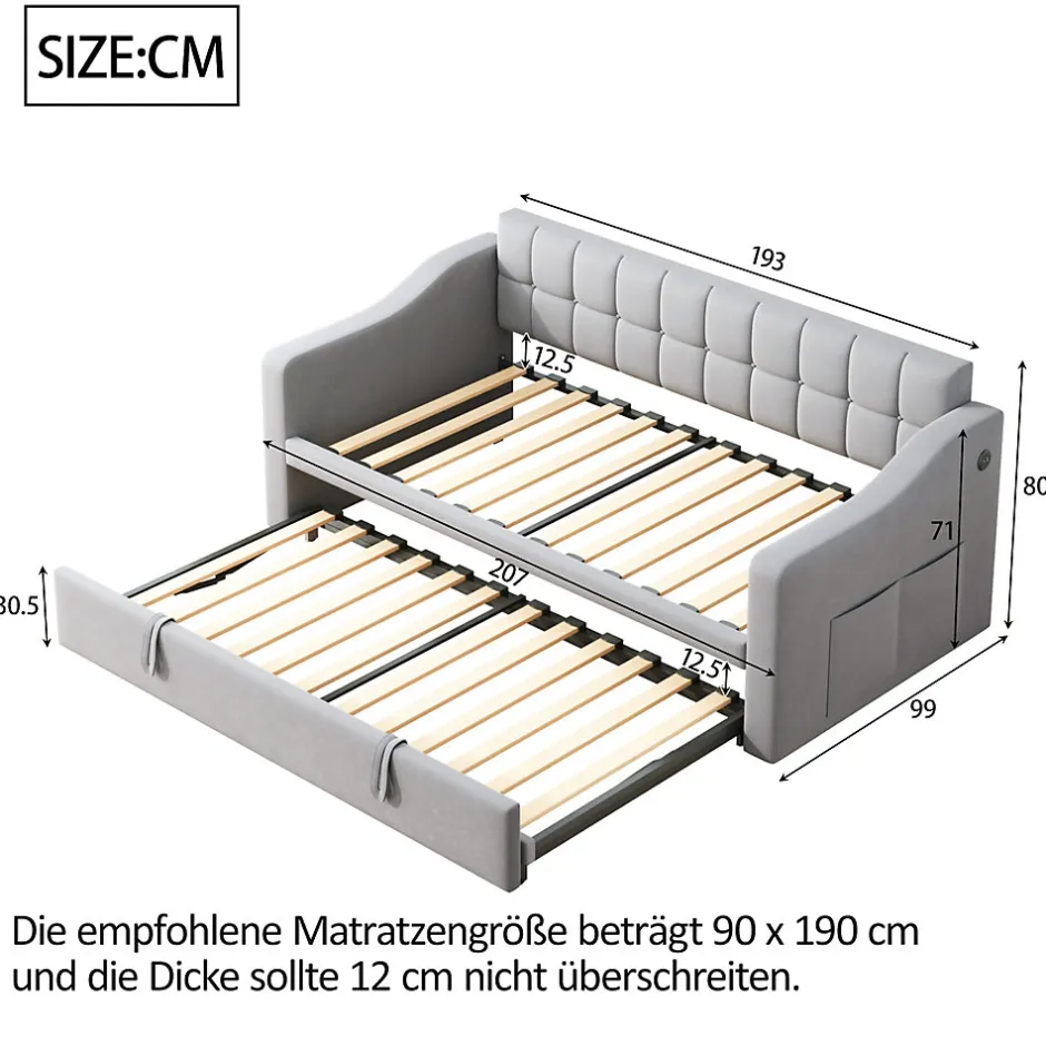 Okwish Lit Gigogne 90/180x190 cm - Lit Simple avec Lit Tiroir, Ports USB et Poche de Rangement, Sans Matelas - Velours Gris Clair