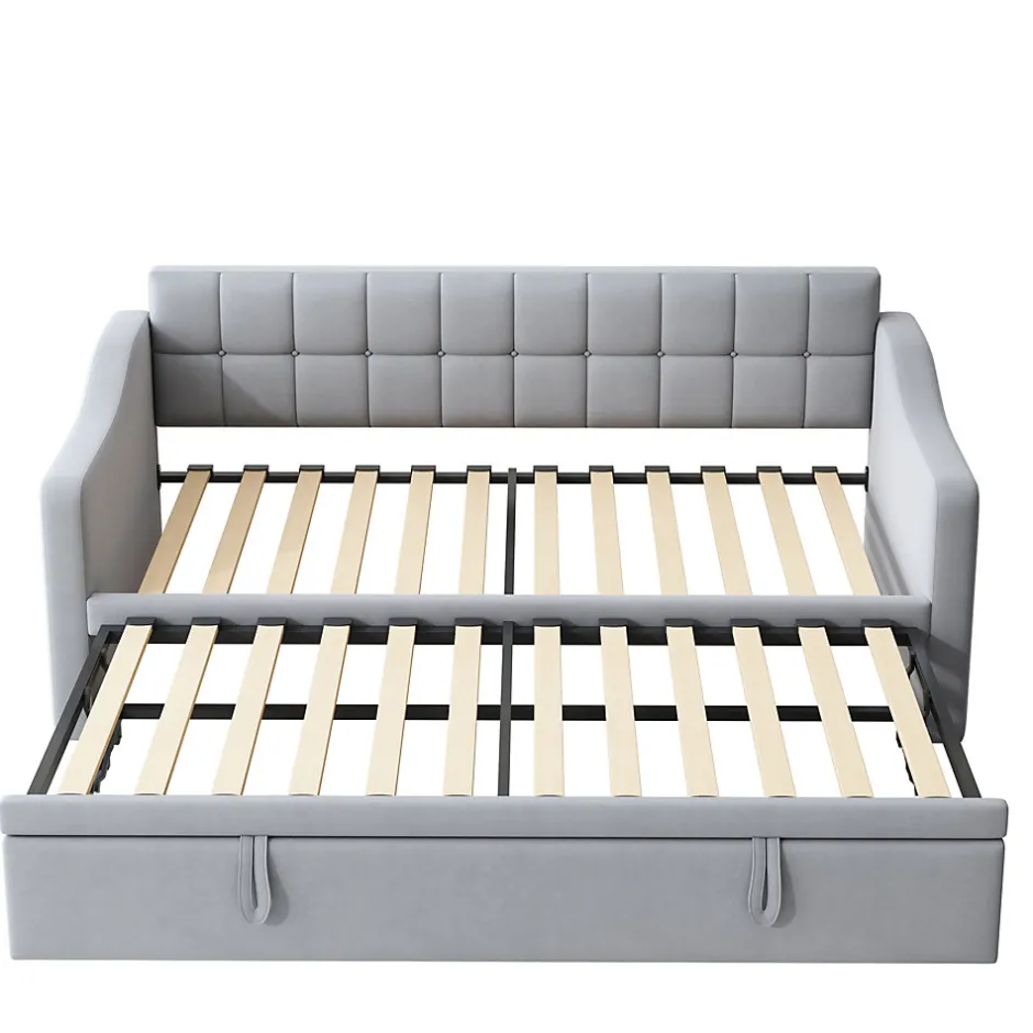Okwish Lit Gigogne 90/180x190 cm - Lit Simple avec Lit Tiroir, Ports USB et Poche de Rangement, Sans Matelas - Velours Gris Clair