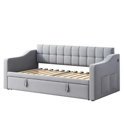 Okwish Lit Gigogne 90/180x190 cm - Lit Simple avec Lit Tiroir, Ports USB et Poche de Rangement, Sans Matelas - Velours Gris Clair