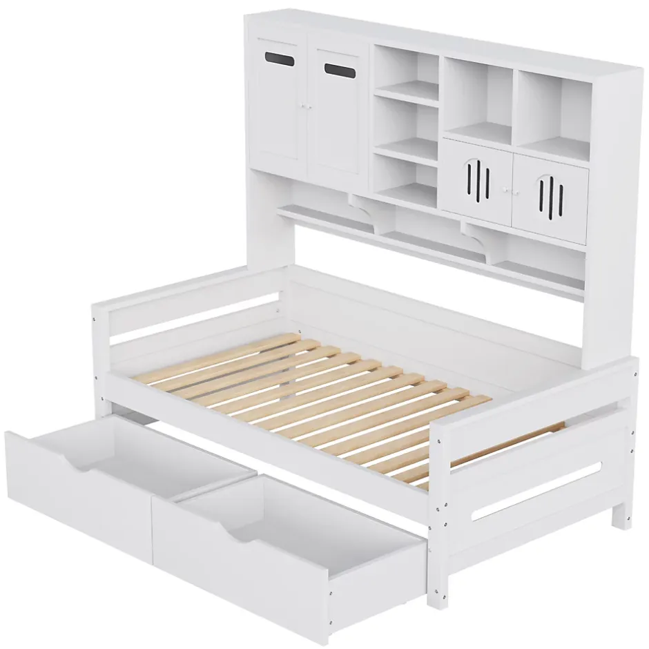 Okwish Lit Gigogne 90x200 cm - Lit Simple avec Deux Tiroirs de Rangement - Bois - Blanc - Sans Matelas Discount
