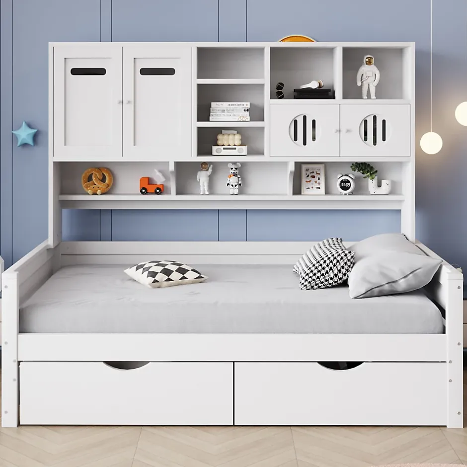 Okwish Lit Gigogne 90x200 cm - Lit Simple avec Deux Tiroirs de Rangement - Bois - Blanc - Sans Matelas Discount
