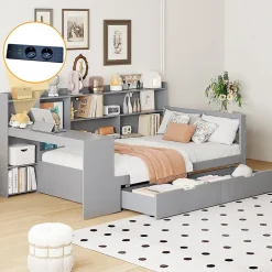 Okwish Lit Gigogne 90x200 cm - Lit Simple avec Bureau, Bibliothèque et Rangement Intégré, Sans Matelas - Bois Gris Clearance