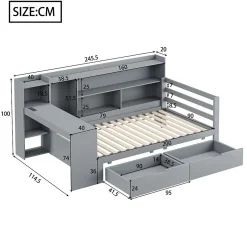 Okwish Lit Gigogne 90x200 cm - Lit Simple avec Bureau, Bibliothèque et Rangement Intégré, Sans Matelas - Bois Gris Clearance