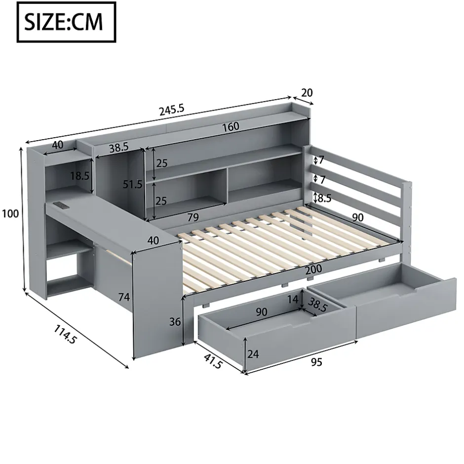 Okwish Lit Gigogne 90x200 cm - Lit Simple avec Bureau, Bibliothèque et Rangement Intégré, Sans Matelas - Bois Gris Clearance