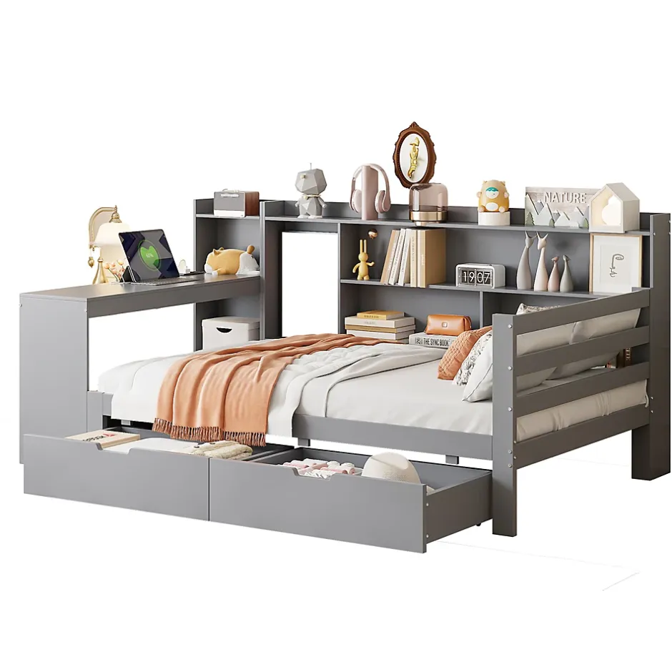 Okwish Lit Gigogne 90x200 cm - Lit Simple avec Bureau, Bibliothèque et Rangement Intégré, Sans Matelas - Bois Gris Clearance