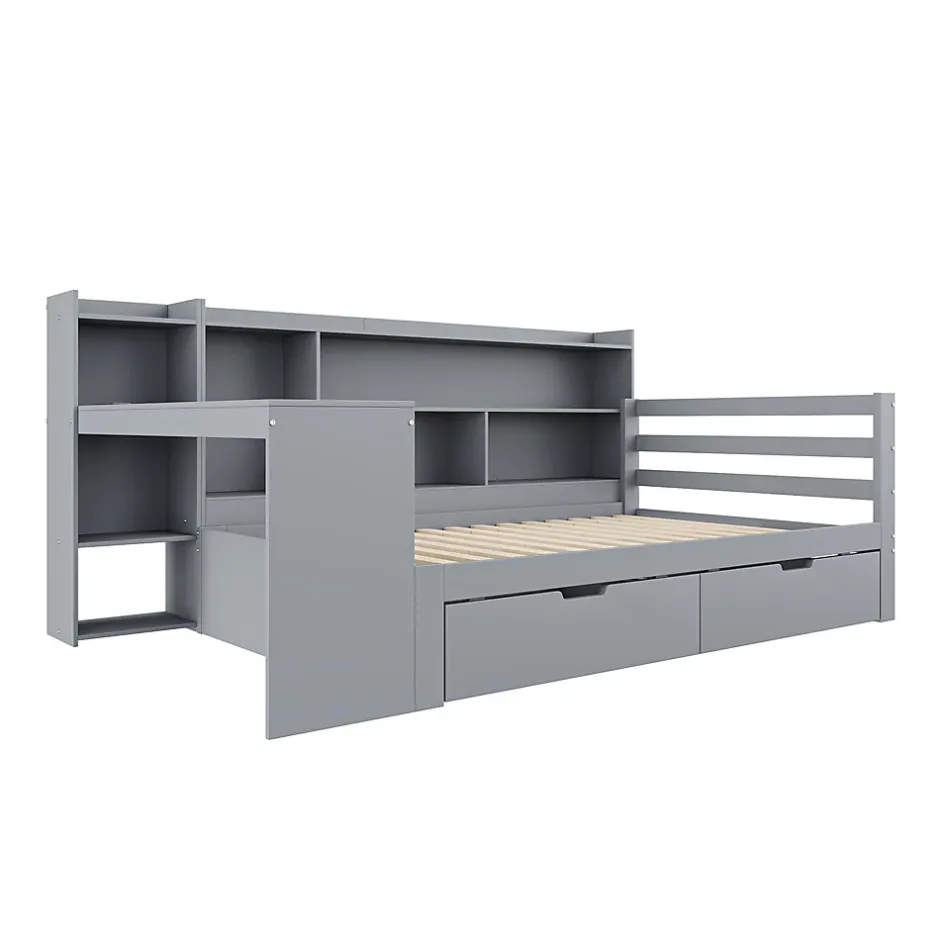 Okwish Lit Gigogne 90x200 cm - Lit Simple avec Bureau, Bibliothèque et Rangement Intégré, Sans Matelas - Bois Gris Clearance