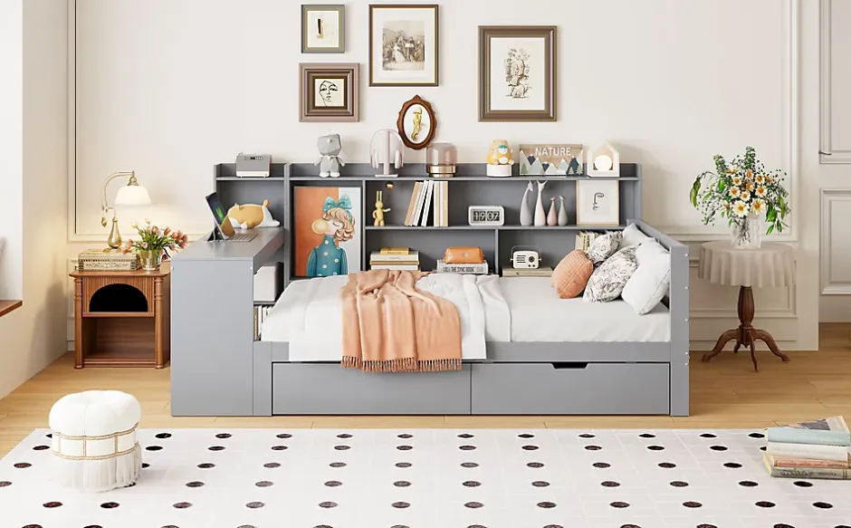 Okwish Lit Gigogne 90x200 cm - Lit Simple avec Bureau, Bibliothèque et Rangement Intégré, Sans Matelas - Bois Gris Clearance