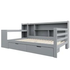 Okwish Lit Gigogne 90x200 cm - Lit Simple avec Bureau, Bibliothèque et Rangement Intégré, Sans Matelas - Bois Gris Clearance