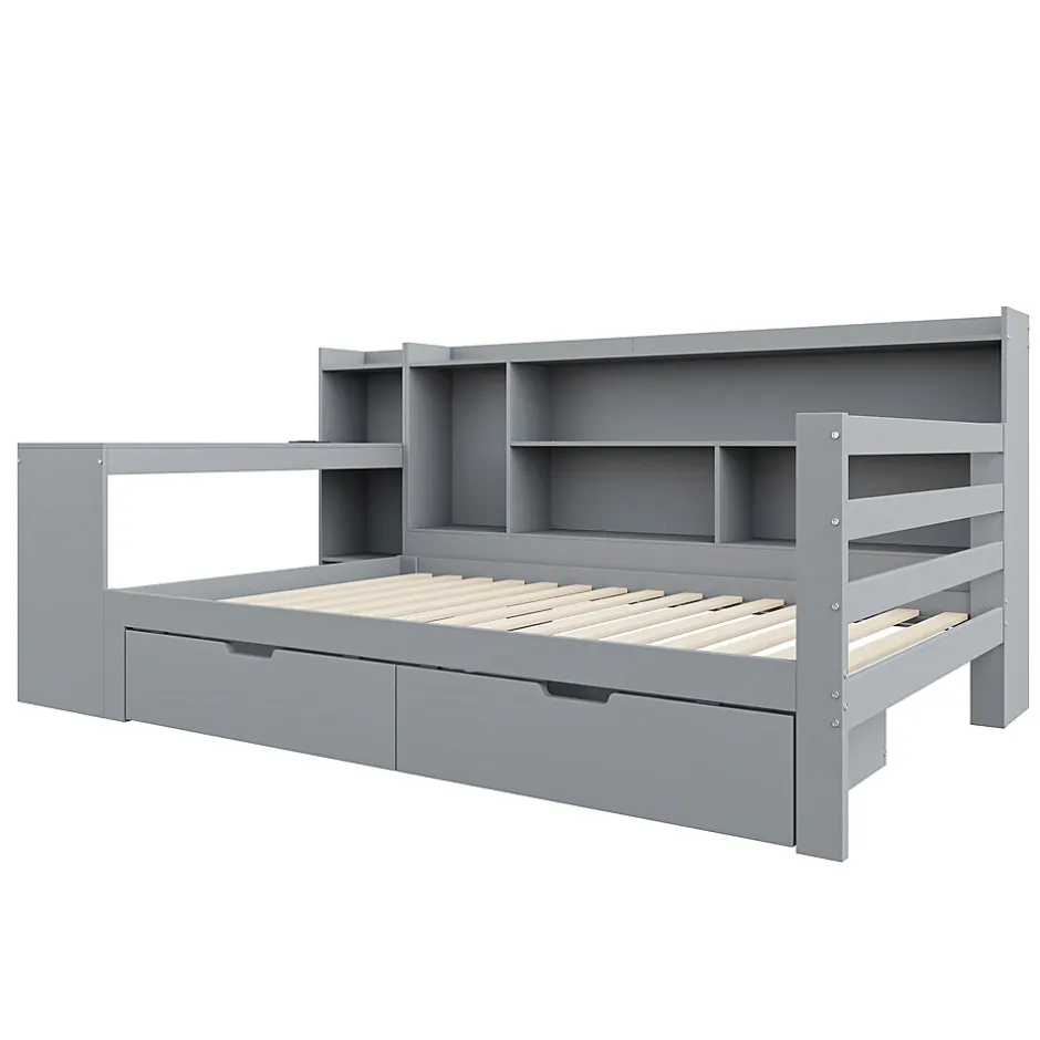 Okwish Lit Gigogne 90x200 cm - Lit Simple avec Bureau, Bibliothèque et Rangement Intégré, Sans Matelas - Bois Gris Clearance