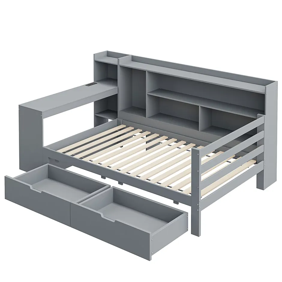 Okwish Lit Gigogne 90x200 cm - Lit Simple avec Bureau, Bibliothèque et Rangement Intégré, Sans Matelas - Bois Gris Clearance