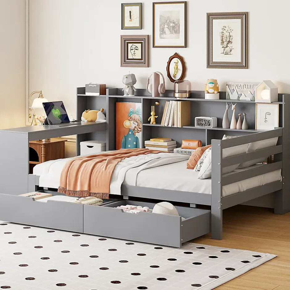 Okwish Lit Gigogne 90x200 cm - Lit Simple avec Bureau, Bibliothèque et Rangement Intégré, Sans Matelas - Bois Gris Clearance
