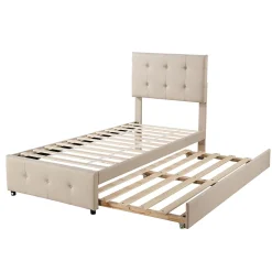 Okwish Lit Gigogne 90x200 cm - Lit Simple enfant avec Sommier à Lattes, Tête de Lit Réglable, Structure MDF et Métal, Sans Matelas, Beige Hot