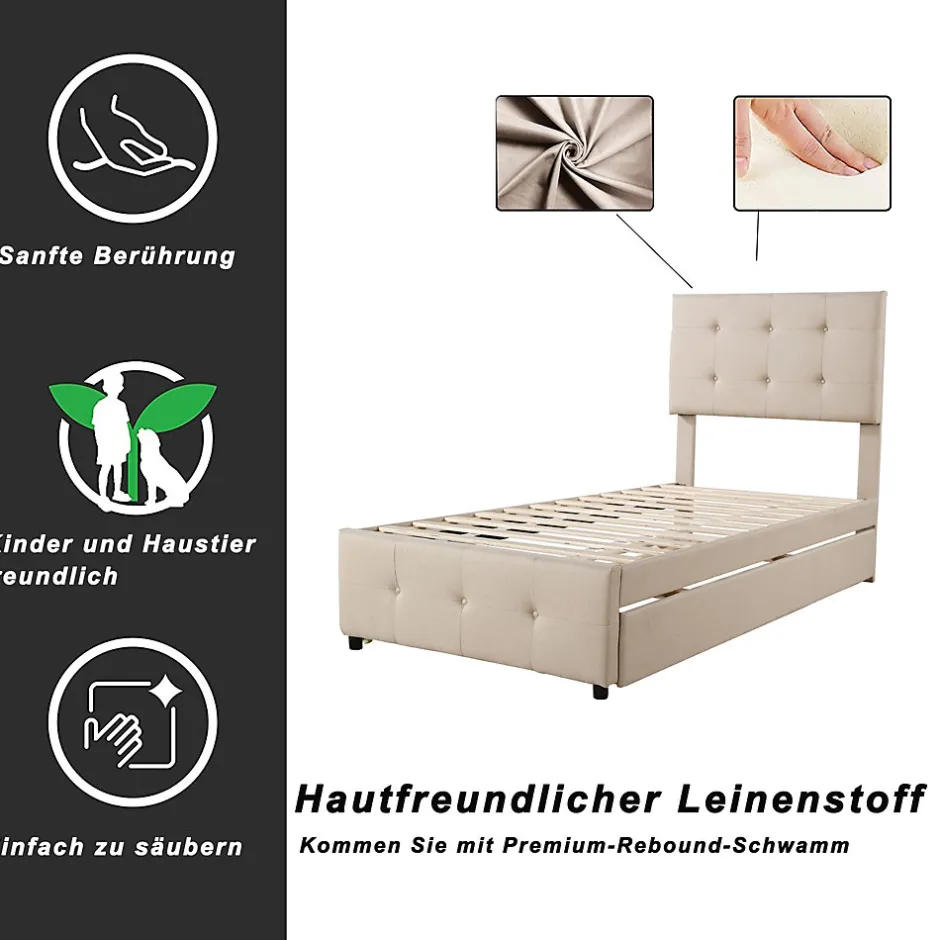 Okwish Lit Gigogne 90x200 cm - Lit Simple enfant avec Sommier à Lattes, Tête de Lit Réglable, Structure MDF et Métal, Sans Matelas, Beige Hot