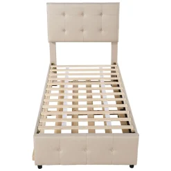 Okwish Lit Gigogne 90x200 cm - Lit Simple enfant avec Sommier à Lattes, Tête de Lit Réglable, Structure MDF et Métal, Sans Matelas, Beige Hot