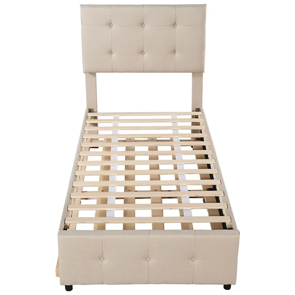 Okwish Lit Gigogne 90x200 cm - Lit Simple enfant avec Sommier à Lattes, Tête de Lit Réglable, Structure MDF et Métal, Sans Matelas, Beige Hot
