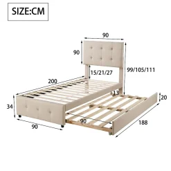 Okwish Lit Gigogne 90x200 cm - Lit Simple enfant avec Sommier à Lattes, Tête de Lit Réglable, Structure MDF et Métal, Sans Matelas, Beige Hot
