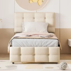 Okwish Lit Gigogne 90x200 cm - Lit Simple enfant avec Sommier à Lattes, Tête de Lit Réglable, Structure MDF et Métal, Sans Matelas, Beige Hot