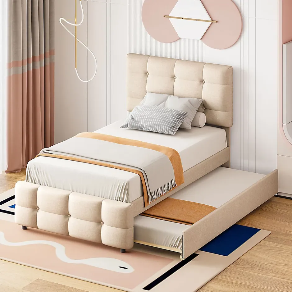 Okwish Lit Gigogne 90x200 cm - Lit Simple enfant avec Sommier à Lattes, Tête de Lit Réglable, Structure MDF et Métal, Sans Matelas, Beige Hot