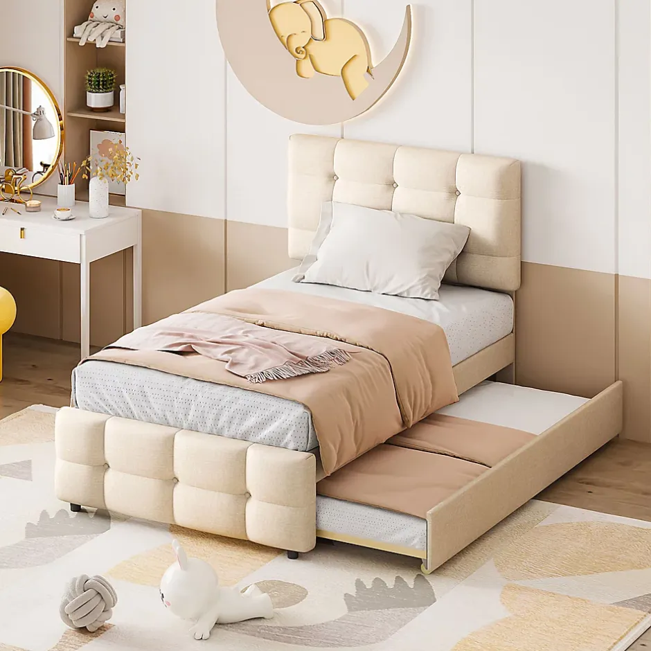 Okwish Lit Gigogne 90x200 cm - Lit Simple enfant avec Sommier à Lattes, Tête de Lit Réglable, Structure MDF et Métal, Sans Matelas, Beige Hot