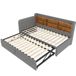 Okwish Lit Gigogne 90x200 cm - Lit Simple avec Rangement et Lit Gigogne Intégré, Ports USB et Type-C, Lin Gris Best