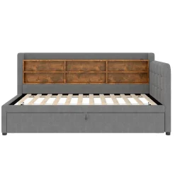 Okwish Lit Gigogne 90x200 cm - Lit Simple avec Rangement et Lit Gigogne Intégré, Ports USB et Type-C, Lin Gris Best