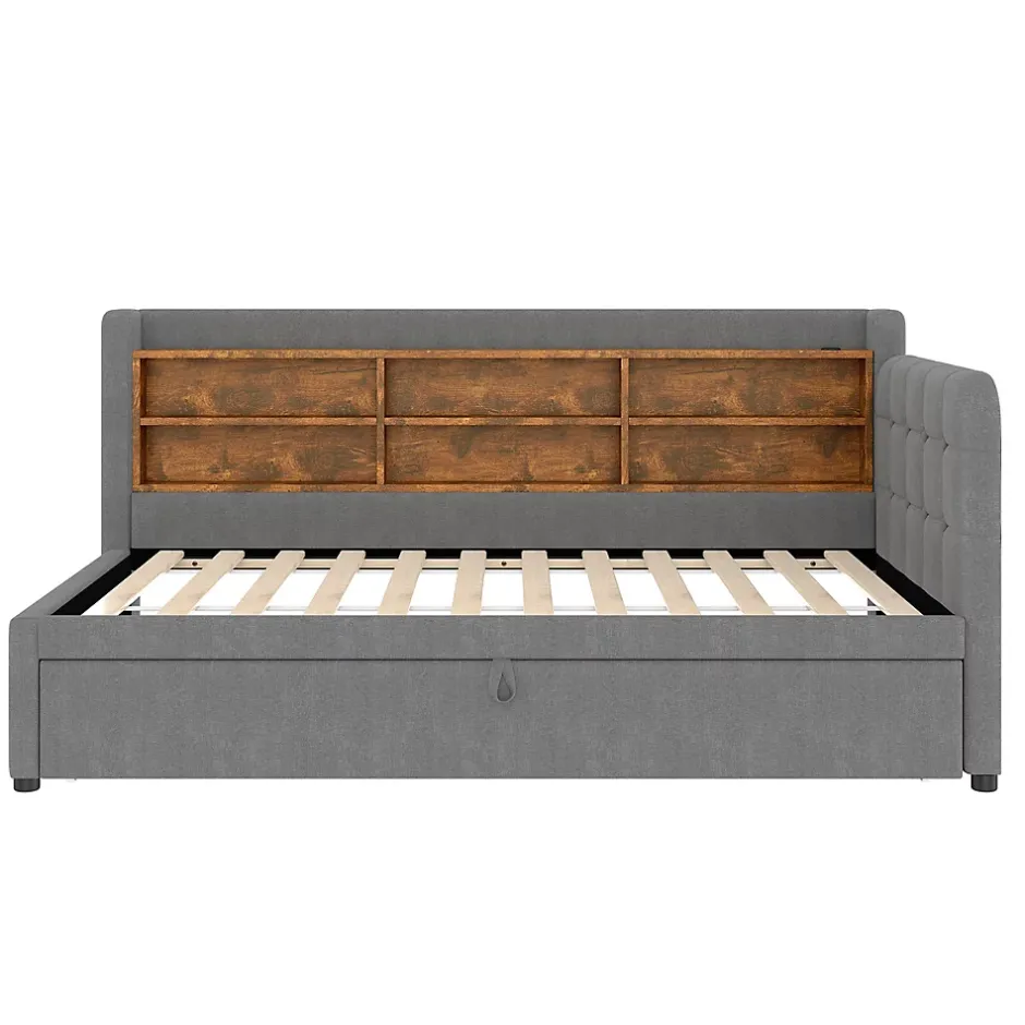Okwish Lit Gigogne 90x200 cm - Lit Simple avec Rangement et Lit Gigogne Intégré, Ports USB et Type-C, Lin Gris Best