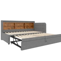Okwish Lit Gigogne 90x200 cm - Lit Simple avec Rangement et Lit Gigogne Intégré, Ports USB et Type-C, Lin Gris Best