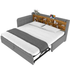 Okwish Lit Gigogne 90x200 cm - Lit Simple avec Rangement et Lit Gigogne Intégré, Ports USB et Type-C, Lin Gris Best
