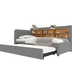 Okwish Lit Gigogne 90x200 cm - Lit Simple avec Rangement et Lit Gigogne Intégré, Ports USB et Type-C, Lin Gris Best