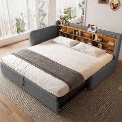 Okwish Lit Gigogne 90x200 cm - Lit Simple avec Rangement et Lit Gigogne Intégré, Ports USB et Type-C, Lin Gris Best