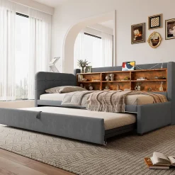 Okwish Lit Gigogne 90x200 cm - Lit Simple avec Rangement et Lit Gigogne Intégré, Ports USB et Type-C, Lin Gris Best