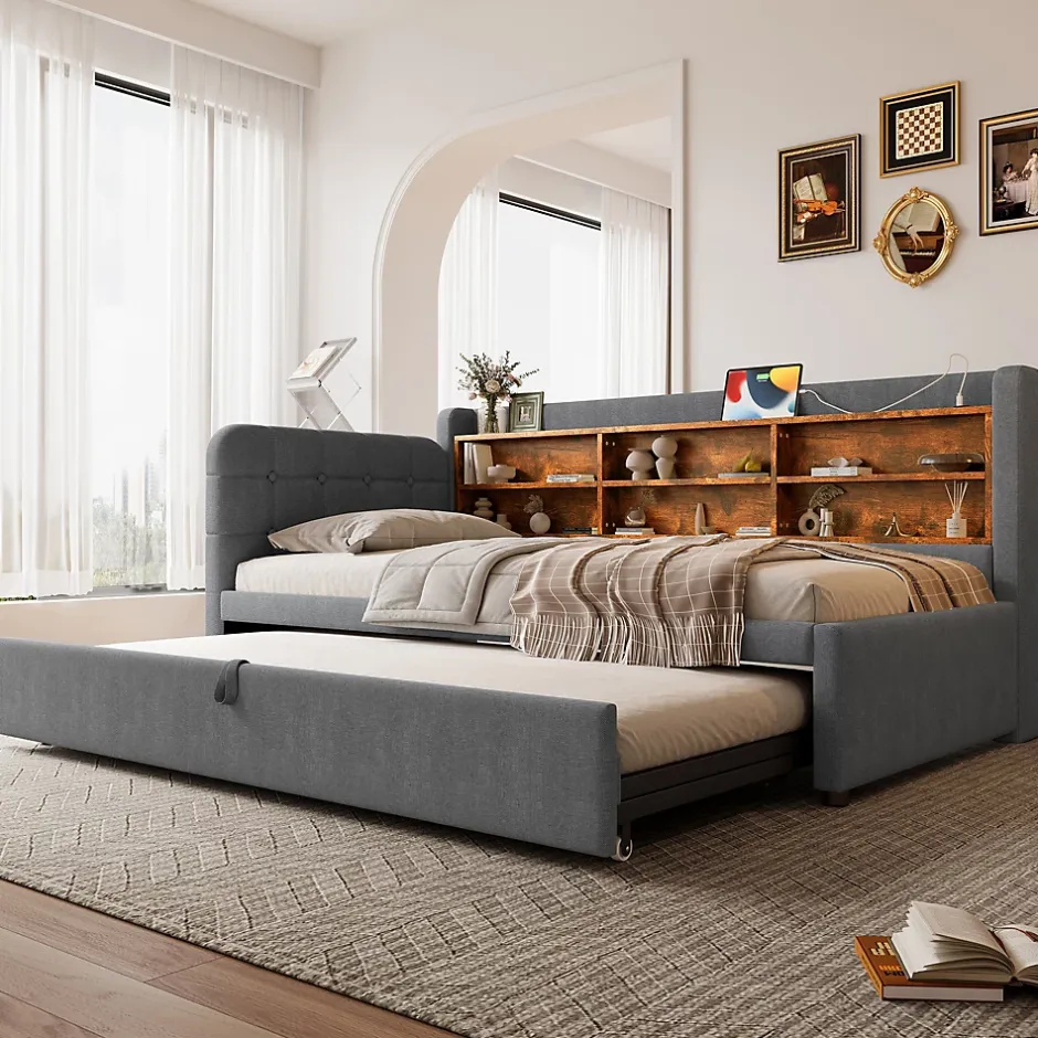 Okwish Lit Gigogne 90x200 cm - Lit Simple avec Rangement et Lit Gigogne Intégré, Ports USB et Type-C, Lin Gris Best