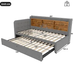 Okwish Lit Gigogne 90x200 cm - Lit Simple avec Rangement et Lit Gigogne Intégré, Ports USB et Type-C, Lin Gris Best