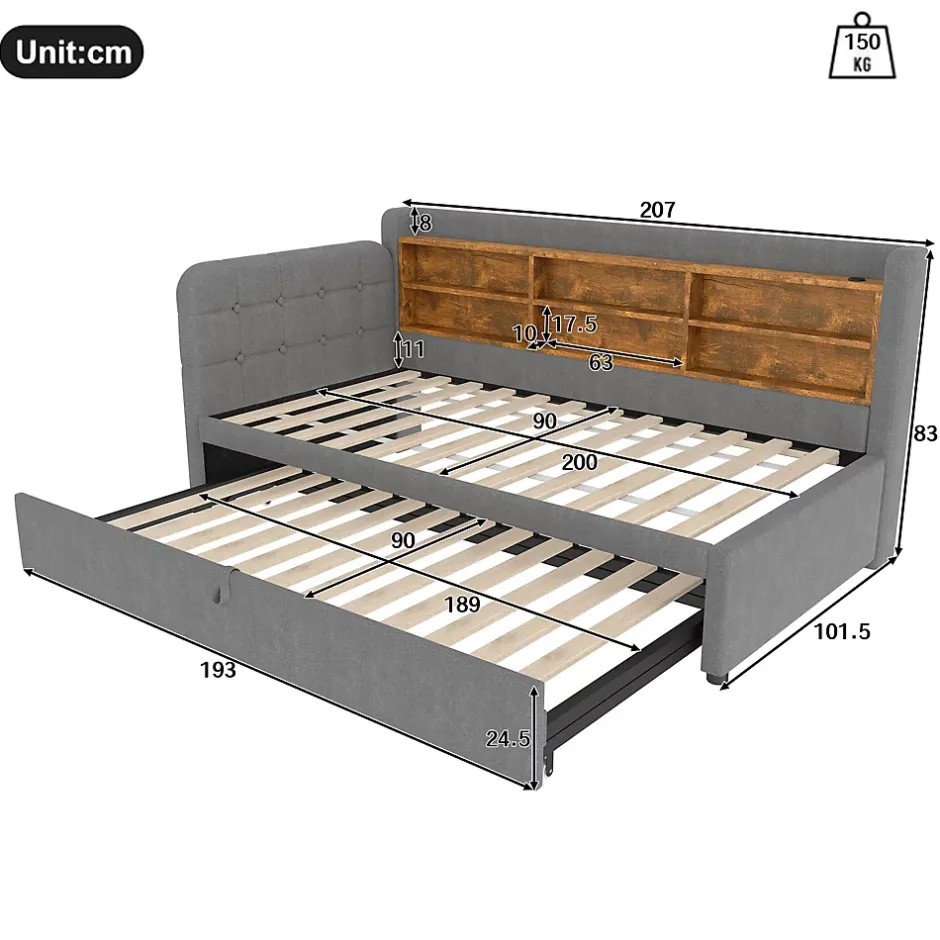 Okwish Lit Gigogne 90x200 cm - Lit Simple avec Rangement et Lit Gigogne Intégré, Ports USB et Type-C, Lin Gris Best